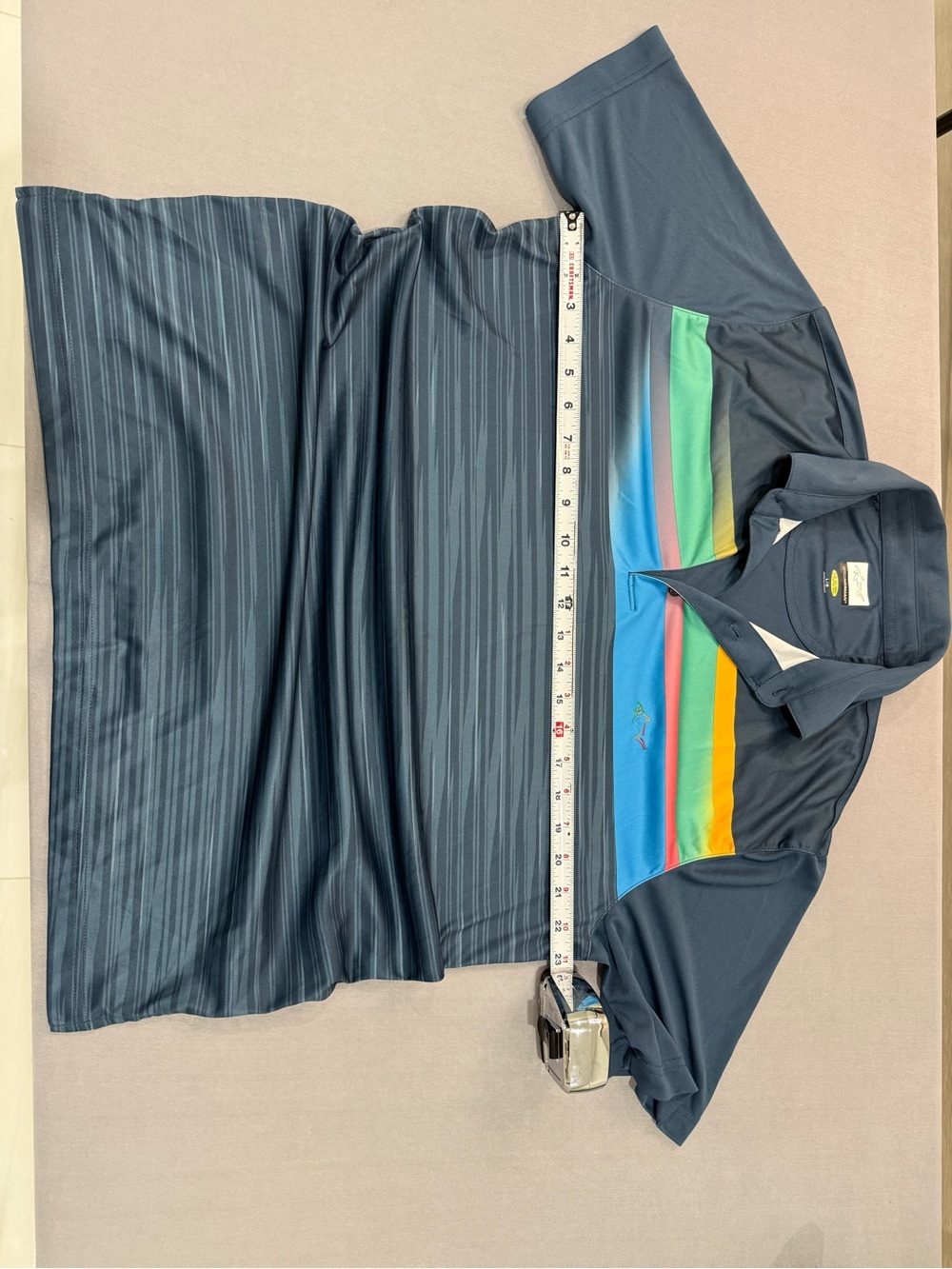 Greg Norman Play Dry Men's Polo Shirt L Blue/Multicolor Stripe Logo Button